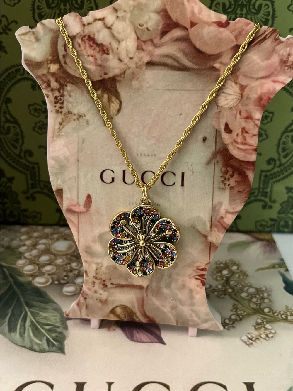 Gucci Gold Flower Pendant Necklace with Multicolor Crystal Accents